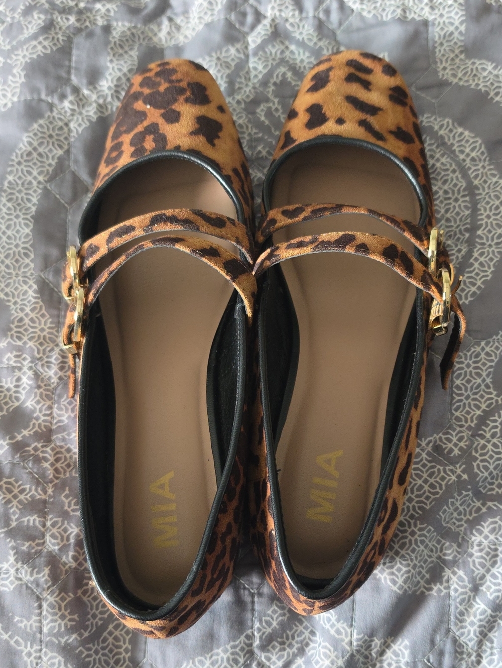MIA Leopard-Print Mary Jane Flats in Tan and Black